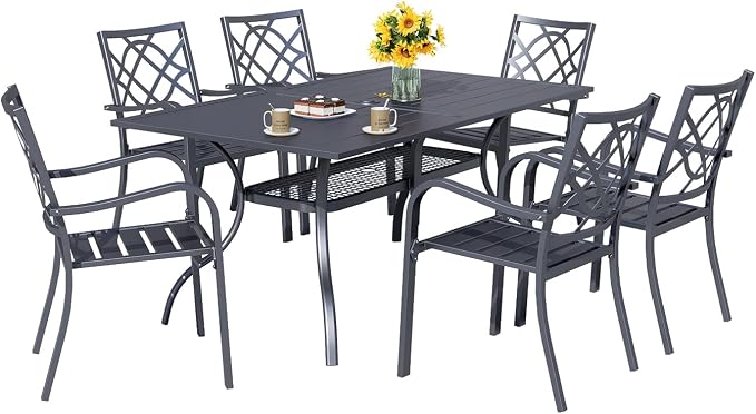 Crownland 7 PCS Furniture Patio Dining Set, 6 Stackable Metal Chairs and Rectangular Outdoor Dining Table with 1.57" Umbrella Hole, Suitable for Backyard, Lawn, Garden (Metal Tabletop)