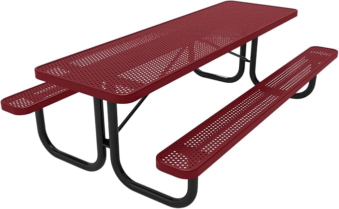 COATEDOUTDOORFURNITURE Heavy-Duty Portable Outdoor Picnic Table, Thermoplastic Coated Punched Steel Commercial-Grade Patio Dining Furniture Made in America (8ft Rectangular, Burgundy)