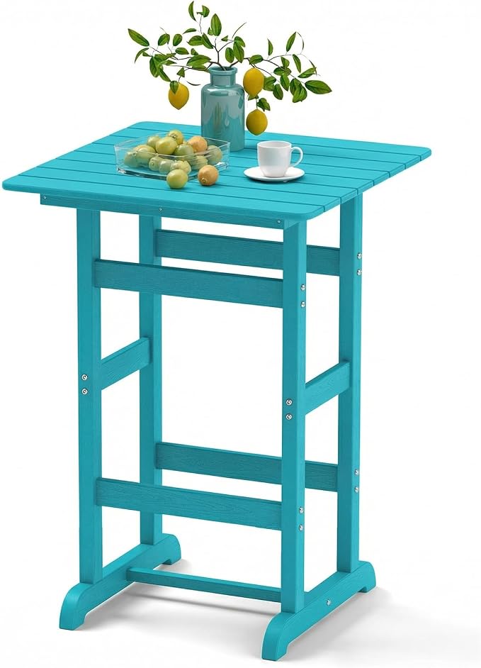 Tangkula 30" x 30" Square Bar Table, Patio HDPE Bar Height Dining Table w/Slatted Tabletop, Outdoor All-Weather High-Top Bistro Table for Poolside, Backyard, Balcony (Turquoise)
