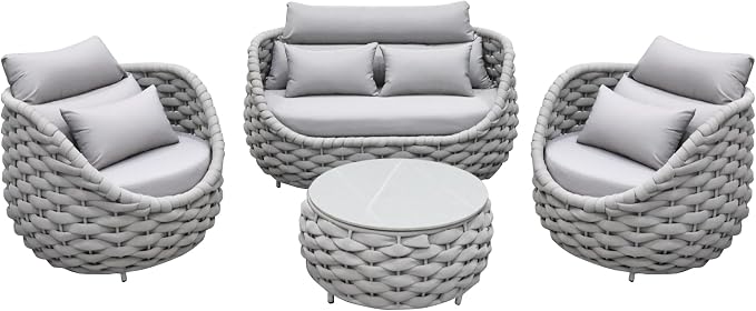 Woven Rope Patio Sofa Furniture Set of 4: Aluminum All Weather Outdoor Conversation Set, Couch Armchair and Loveseat Set with Table Cushions for Deck Porch Poolside Garden Backyard Hotel - Gray