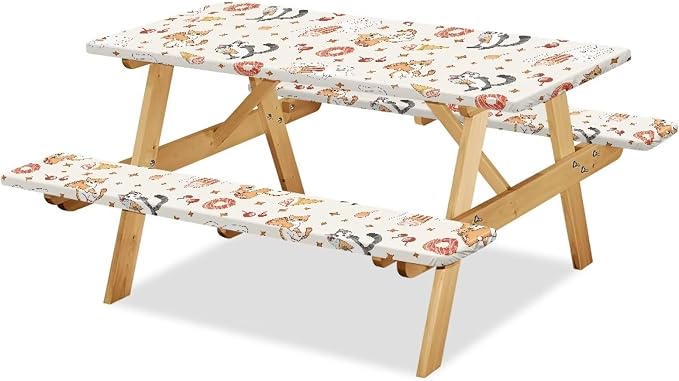 Cute Cat Table Cover with Bench Covers Washable Rectangle Table Cover Outdoor Patio Camping Essentials Picnic Table and Chair Decorative Cover Suitable for Family Gatherings Vacations