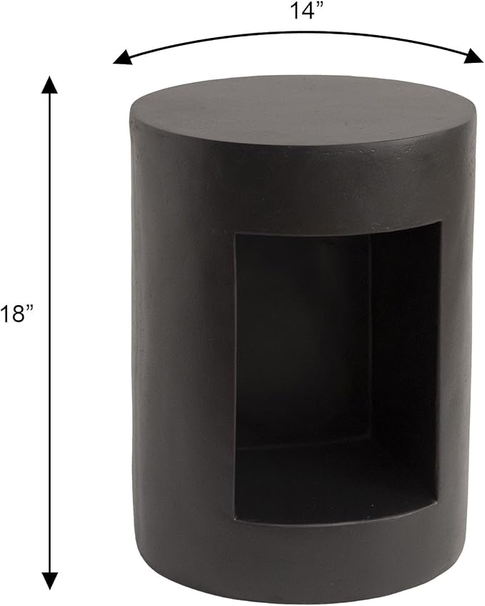 LeisureMod 14” Wide Black Round Side Table in Fiberstone with Open Storage, Painted Finish, for Indoor Outdoor Use, Modern Living Room, Bedroom, Patio, Garden