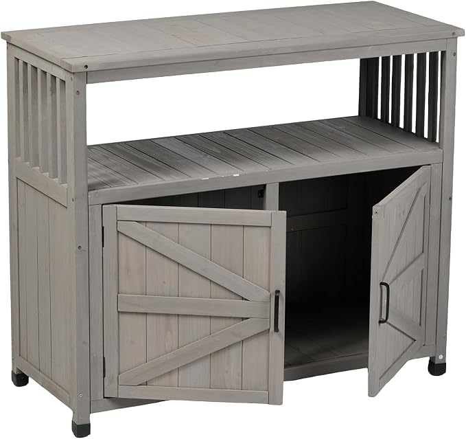 Wooden Patio Bar Table with Storage, Outdoor Buffet Cabinet Sideboard, Grey