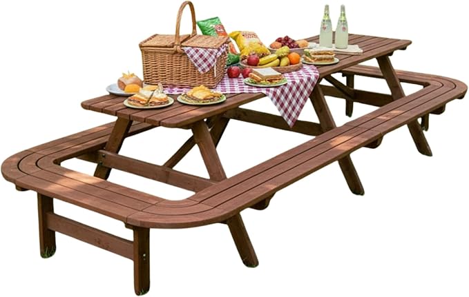 16 Person Wood Picnic Table with Attached Benches & Umbrella Hole,Rectangle Brown Outdoor Wooden Dining Table & Chairs for Patio Yard Garden Porch Deck