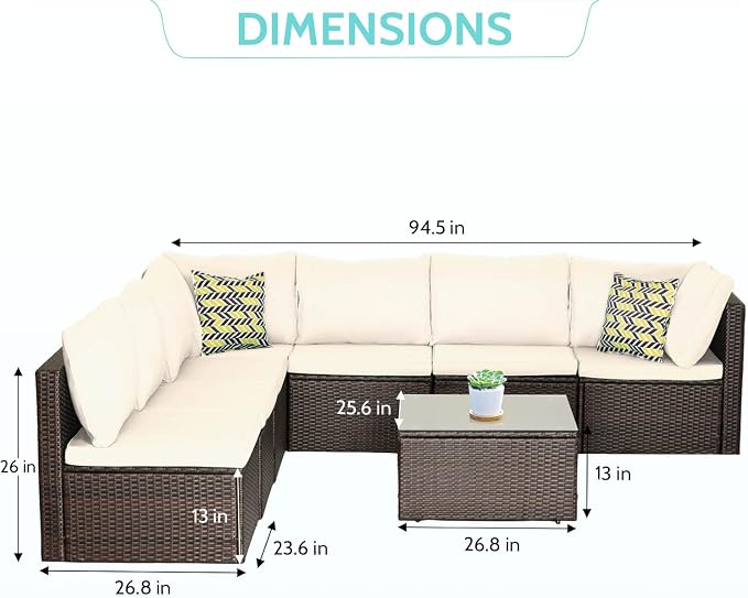 PayLessHere 8 Piece Patio Furniture Set Outdoor Furniture Sectional Sofa Set Rattan Wicker Conversation Set Coffee Table Khaki Cushion for Backyard Porch Balcony Poolside Garden