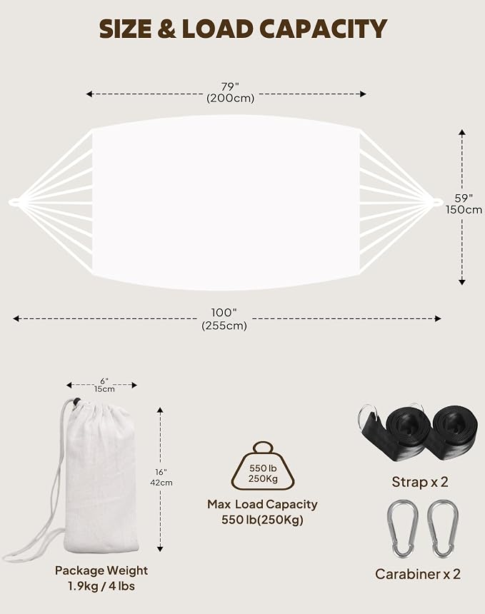 ANYOO Cotton Hammocks Portable Hammock with Tree Straps Easy Setup Indoor/Outdoor Hanging Bed 550lb Capacity Perfect for Backyard Camping Travel