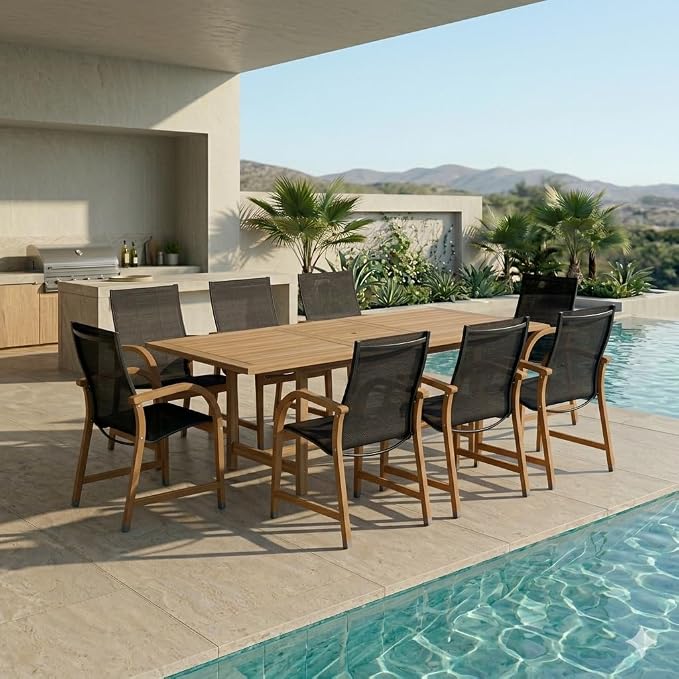 Urban Elements Mykonos 9-Piece Rectangular Patio Furniture Set | 100% Certified Teak Table and Teak Finish Stackable Chairs | Backyard Furniture, Rectangular Outdoor Dining Set
