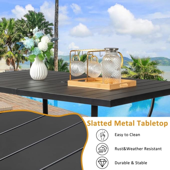 Dulce Domi Rectangle Patio Table, 66"x38" Outdoor Dining Table W/ 1.5" Umbrella Hole, Outdoor Table for Family Party, Metal Dining Table for Backyard Max Weight 160Lbs
