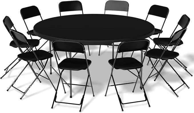 Magshion Folding Table Chair Set, 4.5Ft Heavy Duty Round Table Desk and 10pcs Black Fold Plastic Chair for Indoor Picnic Kitchen Outdoor