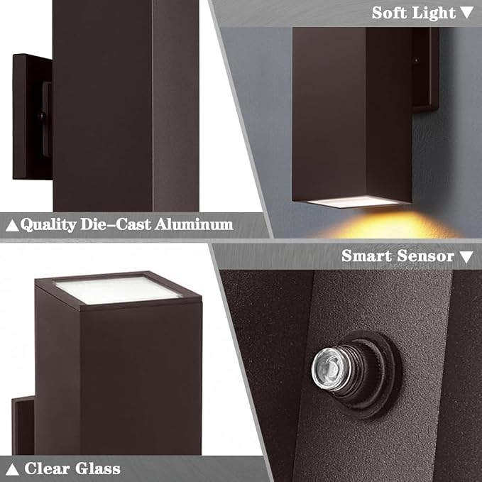 SHIMR Dusk to Dawn Outdoor Wall Lights, Modern Sconce, ETL Listed, 2 Pack | Bronze, Waterproof Aluminum Exterior Lighting Fixture, E26 Base, LED Bulbs Include, Up and Down Lights for House Porch Garage