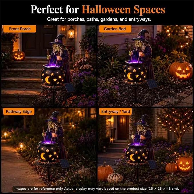 Solar Witch & Glowing Cauldron Halloween Garden Light ，1pc | Solar-powered Halloween Solar Light with glowing cauldron, automatic dusk lighting for garden, porch and pathway décor.
