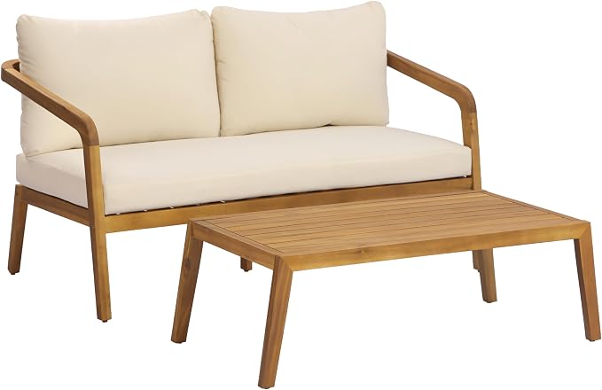 Merax 2-Piece Outdoor Loveseat & Coffee Table Set, Acacia Wood Frame with PE Wicker Back & Water-Resistant Cushions for Patio, Backyard & Poolside