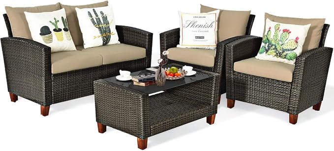 Tangkula 4 Piece Patio Rattan Furniture Set, Outdoor Wicker Conversation Set with Seat & Back Cushion,and Tempered Glass Coffee Table with Shelf, for Porch, Poolside, Backyard, Garden