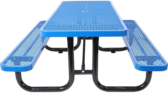 6 ft Outdoor Picnic Table with Umbrella Hole, Heavy-Duty Steel Frame, Rectangular Weather-Resistant Dining Table for Backyard, Patio & Garden, Blue