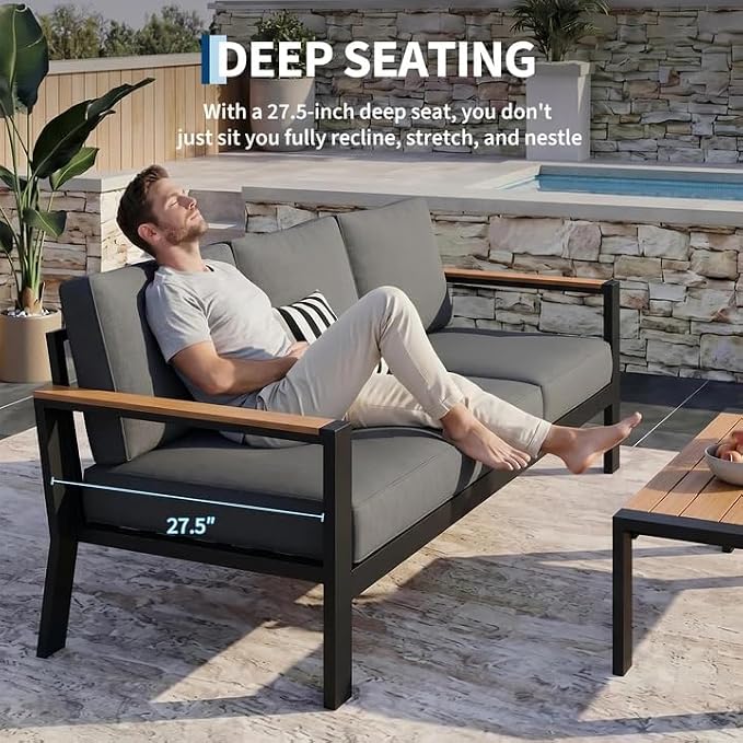 Garvee Outdoor Aluminum Patio Furniture 1 Pcs 3-Seat Outdoor Furniture All-Weather Metal Modern Outside Sofa with Washable Thick Cushion for Garden, Balcony, Deck, Backyard, Dark Grey