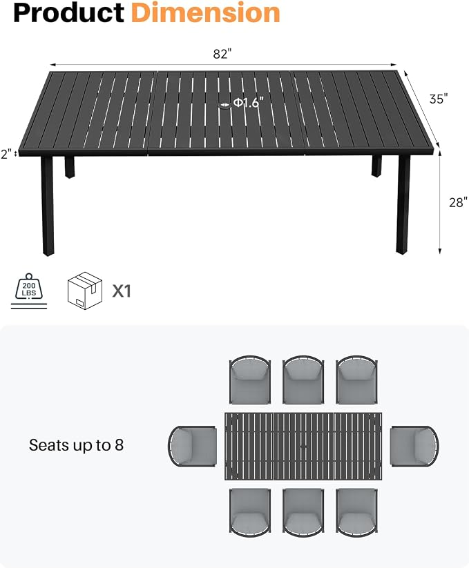 Outdoor Dining Table for 8, Never-Rust Aluminum Patio Dining Table, 82"×35" Large Rectangle Patio Table with Umbrella Hole, Outdoor Table Slatted Tabletop for Balcony, Deck, Commercial, Black