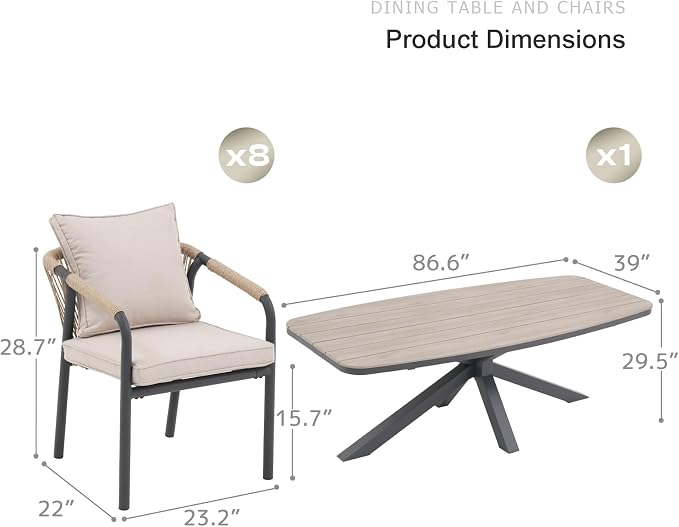 SUNSITT 9 Piece Outdoor Patio Dining Set, Patio Dining Furniture Set with 87” Aluminum Dining Table w/X Base Legs and 8 Woven Wicker Patio Chairs w/Curved Backrest for Garden, Dark Grey
