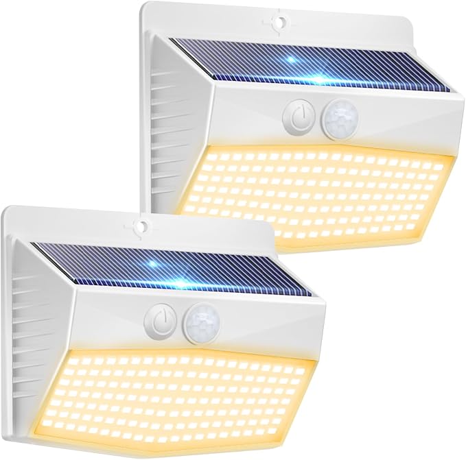 Solar Outdoor Lights, [2 Packs] Motion Sensor Security Lights with 3 Lighting Modes Wall Lights Waterproof Solar Powered Lights for Garden Yard, White Warm