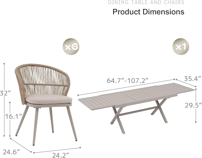 SUNSITT 7 Piece Outdoor Patio Dining Set, 65" - 107" Metal Expandable Outdoor Dining Table with X-Shape Legs, 6 Woven Wicker Outdoor Patio Chairs w/Removable Cushions for Garden, Beige
