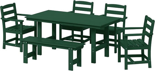 WestinTrends Ashore 6-Piece Outdoor HDPE Patio Dining Table Set with Bench, Dark Green