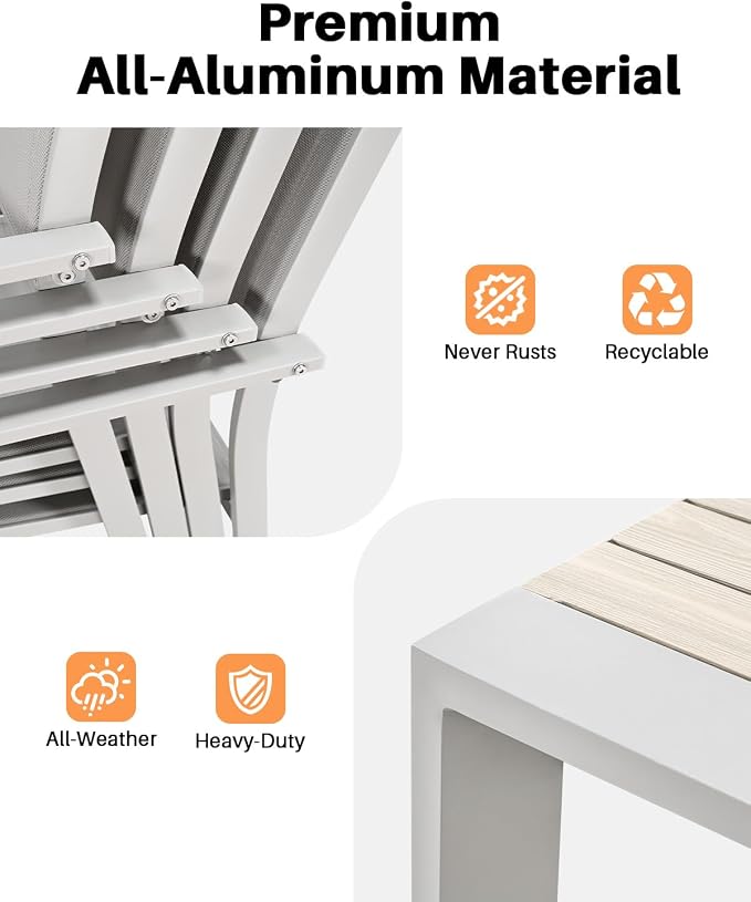 9 Pieces Extendable Patio Dining Set, 6-10 Person Expandable Outdoor Dining Table with Wood Grain Top and 8 Stackable Textilene Dining Chairs, Aluminum Patio Table and Chairs Set for Backyard