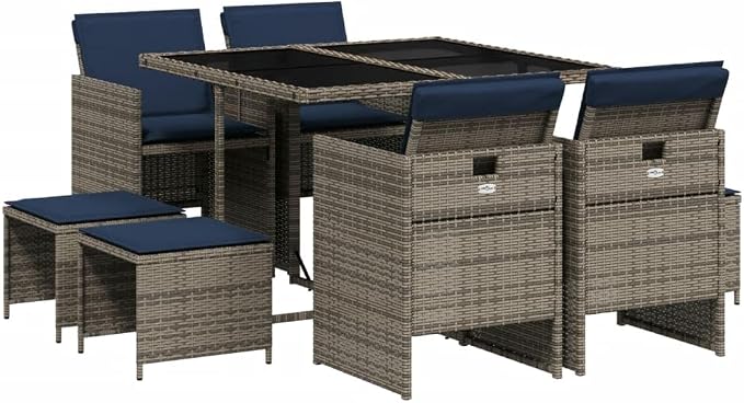 9 Piece Garden Dining Set with Cushions Grey Poly Rattan Outdoor Patio Furniture Table and 4 Chairs with Foldable Backrest Tempered Glass Top Navy Blue Cushions Space Saving Stackable