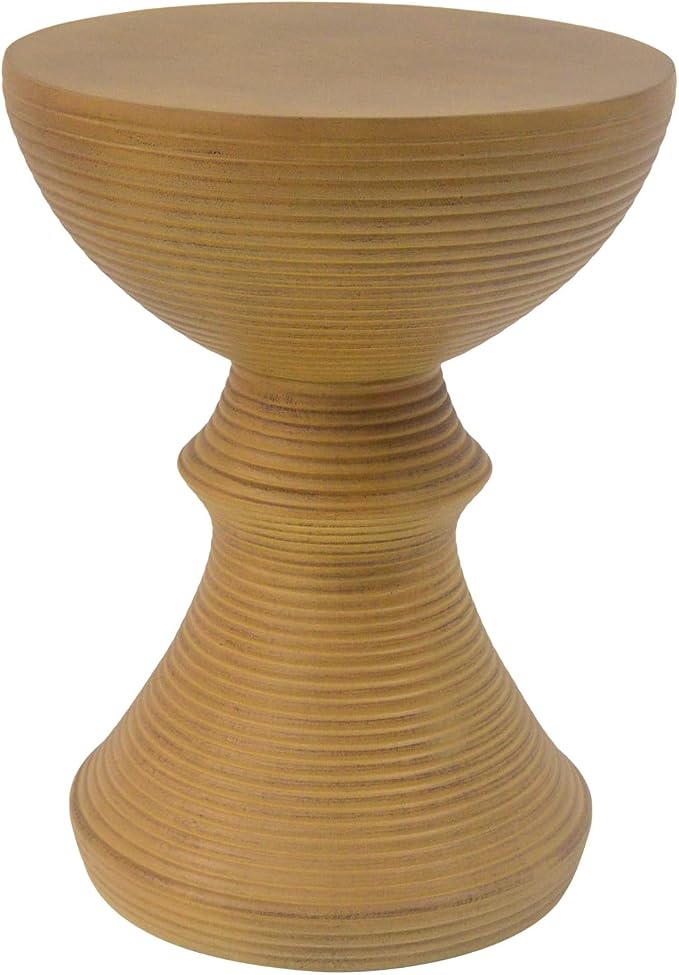 Round Outdoor Side Table, Ribbed Concrete Patio End Table with Hourglass Design, Samll Accent Side Table for Patio, Garden, Balcony (Natural)