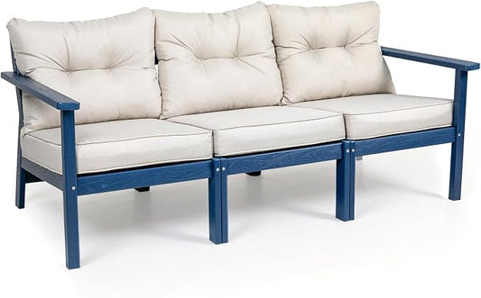 3 Seat HDPE Patio Sofa, Outdoor Couch with Thick Cushions, Patio Furniture | Water-Resistant Thick Cushion, HDPE All Weather, Wood-Grain, No Rot or Rust or Crack, UV Fade Shield, Easy-Clean for Outside