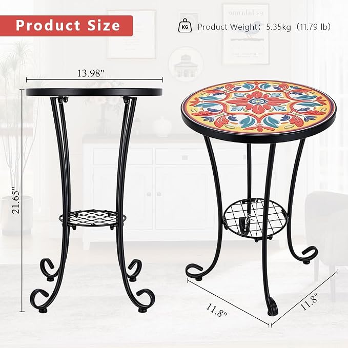 14 Inch Mosaic Patio Side Table with Scroll Legs, Indoor Outdoor Accent Round End Table with Ceramic Tile Tops for Yard, Garden, Living Room, Bistro, B - Mediterranean Floral Pattern