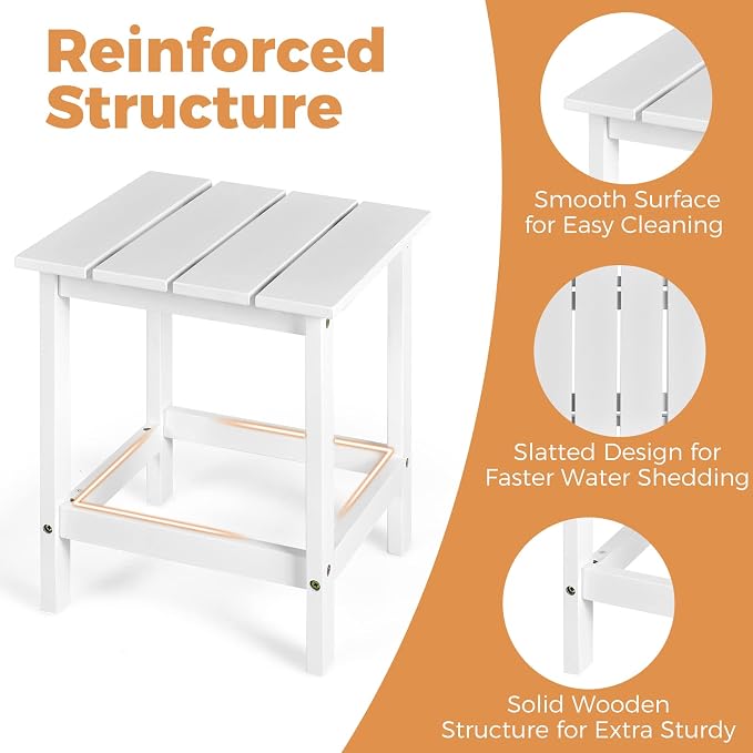 Giantex Outdoor Side Table, 15” Square Wood End Table with Slatted Design, Sturdy Construction, Easy Assembly, Small Patio Coffee Table for Living Room, Balcony, Poolside Bistro Table (1, White)