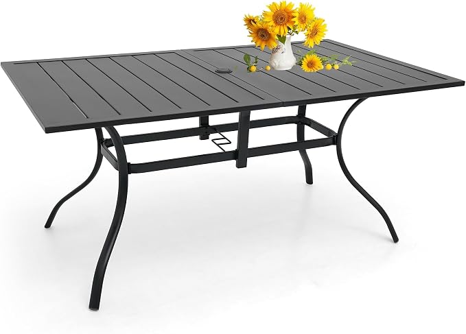 Anmutig Patio Dining Table for 6 Person, Outdoor Metal 63x38 Inch Rectangle Table with 1.57" Umbrella Hole for Garden Lawn Backyard Poolside Parties, Black