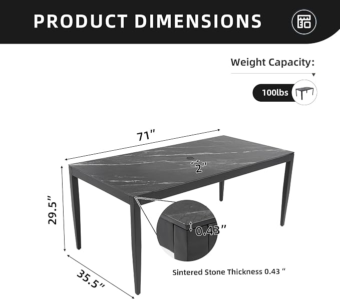 Luxury Outdoor Aluminum Dining Table for 6-8, Rectangular Patio Table with Black Marble Pattern Sintered Stone Top, Post Tapered Legs for Garden, Lawn, Weatherproof & Rust-Free