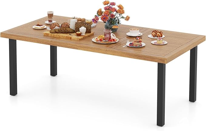 HAPPYGRILL Patio Dining Table for 8, 79" Large Rectangle Table with Acacia Wood Tabletop & Metal Legs, Outdoor Dining Table with 2" Umbrella Hole for Backyard, Lawn & Garden