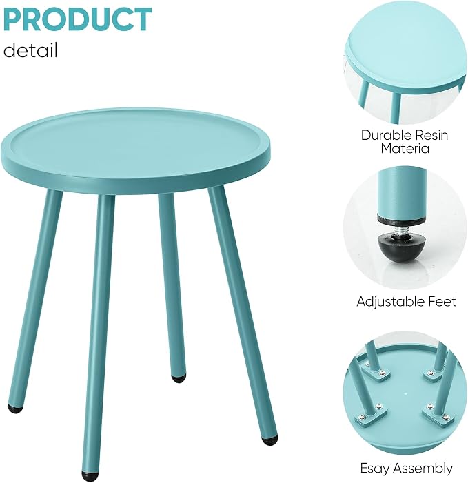 Werph Outdoor Side Table, Small Table with 4 Legs, Blue Patio Side Tables for Outside, Small Side Tables, Round End Table for Porch and Balcony, Pool Side Table for Indoor & Outdoor