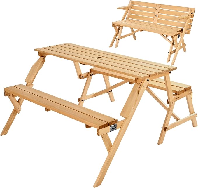 VEVOR 2-in-1 Transforming Interchangeable Picnic Table, Outdoor Wooden Table and Bench Set, Portable Foldable Bench with Umbrella Hole, Patio Dining Furniture for Garden, Backyard, Porch (Brown)