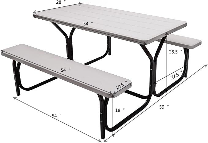 Giantex Picnic Table Bench Set Outdoor Camping All Weather Metal Base Wood-Like Texture Backyard Poolside Dining Party Garden Patio Lawn Deck Large Camping Picnic Tables for Adult (White)