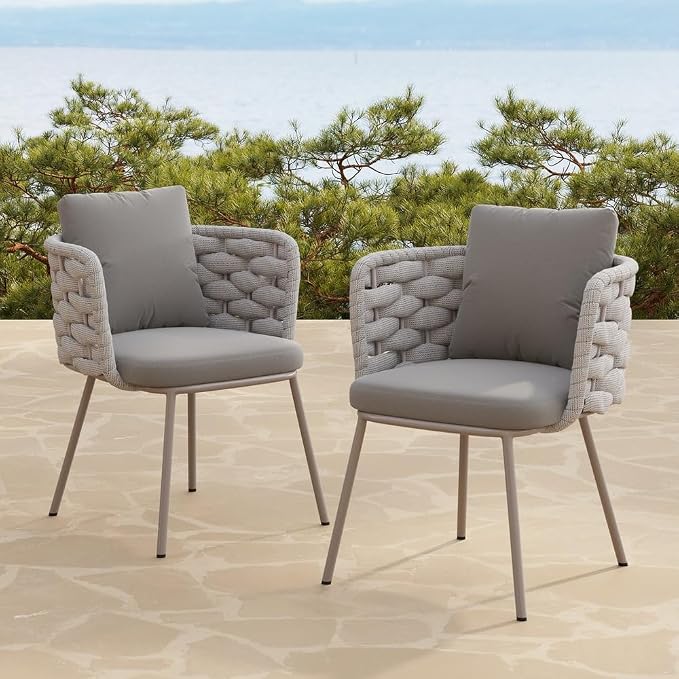 7-Piece Outdoor Dining Set - 70.9'' Sintered Stone Top Dining Table with 6 Rope Woven Armchairs, Aluminum Frame, and Cushions for Patio, Garden, and Outdoor Dining