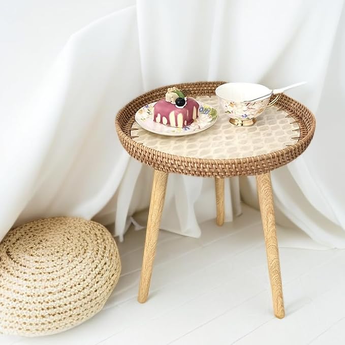 Small Rattan Side Table/Round Coffee Table for Small Spaces, Mini Modern Coffee Table with Shell Design Tray, Outdoor End Tables for Patio, Boho Nightstand for Bedroom or Living Room