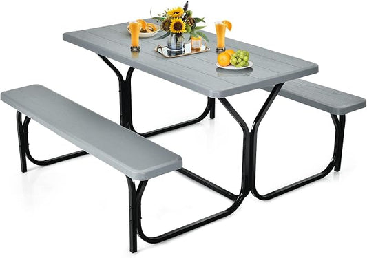 DORTALA Plastic Picnic Table for Outdoors, All Weather Faux Wood Patio Picnic Table Set with Benches for Outdoor, Cafeteria and Commercial, Gray