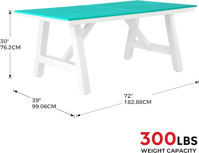 Costaelm Outdoor Dining Tables for Patio, 72" Rectangle 6-Person HDPE Dining Table with Umbrella Hole and Metal Frame for Outside, Garden, Poolside, Backyard, Porch, Balcony, Turquoise