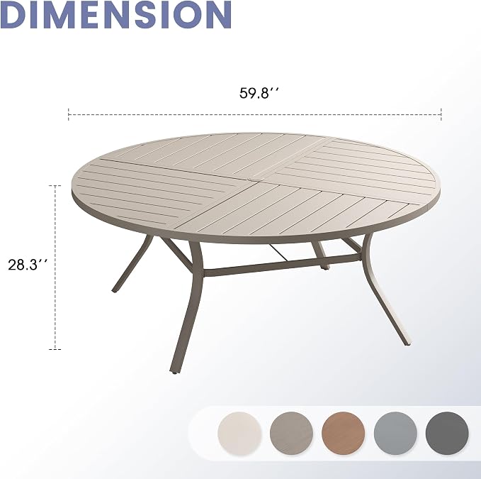 VICLLAX 60" Round Outdoor Table, Patio Dining Table for 8-10 with Umbrella Hole for Garden Lawn Deck Backyard, Sandshell