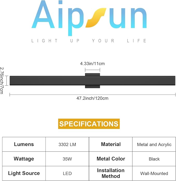 Aipsun Black Outdoor Wall Sconce 3000K 4000K 6000K, 47.2in Modern Exterior Light 1 Pack, Long LED Linear Wall Light Outside Lighting for Entrance, Hallway, Garage, Porch(3CCT)