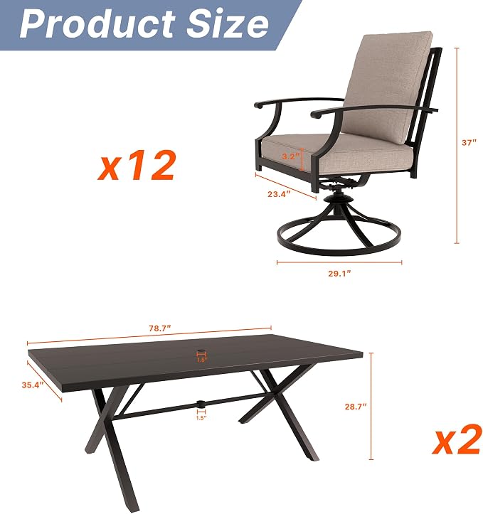 Gotland 14 Piece Outdoor Dining Set, Metal Outdoor Table and Swivel Chairs with X-Shaped Legs 1.5" Umbrella Hole, Patio Furniture Set with Waterproof Cushions, Patio Dining Sets for Deck Khaki