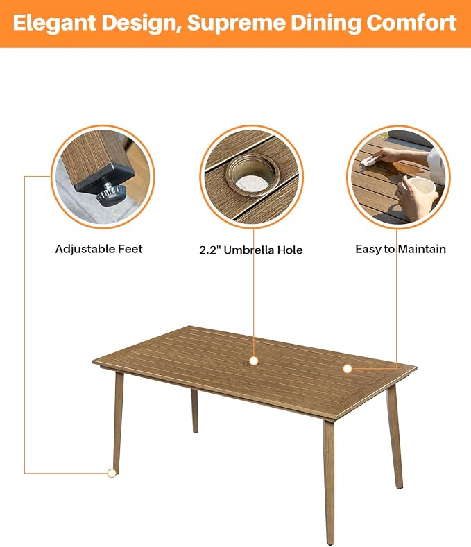 Never Rusts Outdoor Patio Dining Table for 6, 63.8"x34.8" Outdoor Aluminum Dining Table with Umbrella Hole, 6 Person Patio Furniture Dining Table for Garden, Backyard, Porch, Teak