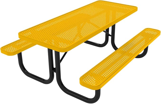 COATEDOUTDOORFURNITURE Heavy-Duty Portable Outdoor Picnic Table, Thermoplastic Coated Punched Steel Commercial-Grade Patio Dining Furniture Made in America (6ft Rectangular, Yellow)