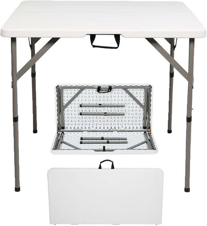 Outvita Plastics Folding Table Height Adjustable Indoor Outdoor Square Picnic Table with Carry Handle, Lock for Camping, Party, Picnic, BBQ White