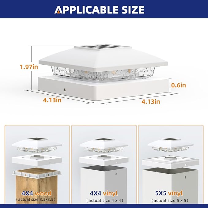 APONUO Solar Post Cap Lights for 4x4 5x5 Posts - IP64 Waterproof, 6500K LED, No-Wire Fence Lights & Deck Lights for Patio Garden Yard Patio, White-Cool White, 8 Pack