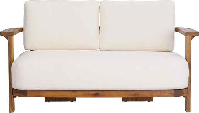 Christopher Knight Home Stella Acacia Wood 4 Piece Patio Furniture Set, Wooden Patio Conversation Set with Club Chair+Coffee Table, 4-Seater Outdoor Loveseat Sofa + Armchair and Table Set, Teak+Beige