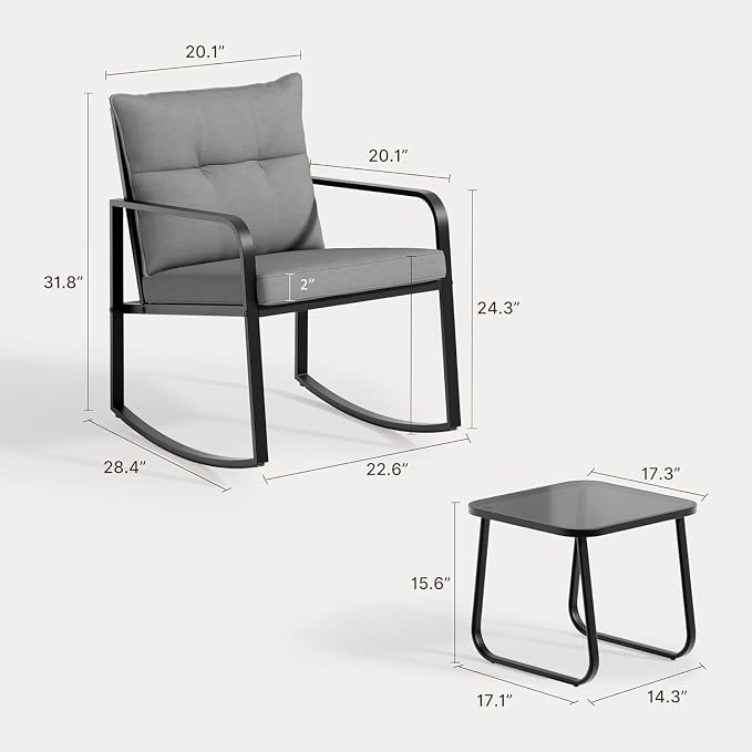 Gizoon 7-pc Outdoor Patio Furniture Set, Black Steel Patio Rocking Chairs Conversation Set with Loveseat, 6-Person Porch Bistro Set with Glass Coffee Table & Side Tables for Garden, Backyard, Grey