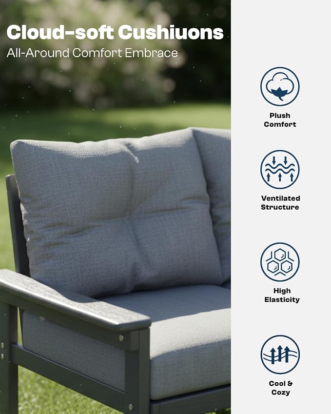 Grey HDPE Outdoor Patio Furniture Set, 10-Piece Patio Conversation Sets with Coffee Table & Washable Thick Cushions, Outdoor Sofa for Garden, Balcony, Porch, Yard, Lawn, Poolside